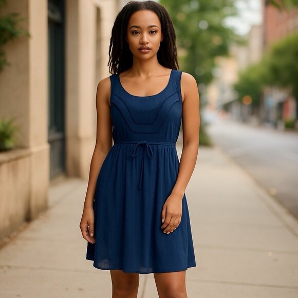 princess vera wang Dresses & Skirts - Princess Vera Wang Dress Navy Blue Zip Sleeveless Size 5 Tie Waist Crinkle Rayon